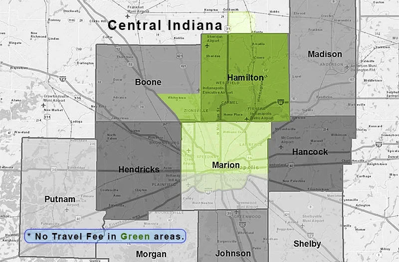 Map of Indy Headshots service area with no travel fee.