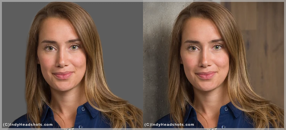 Indy Headshots studio background compared side by side with an indoor environmental background.